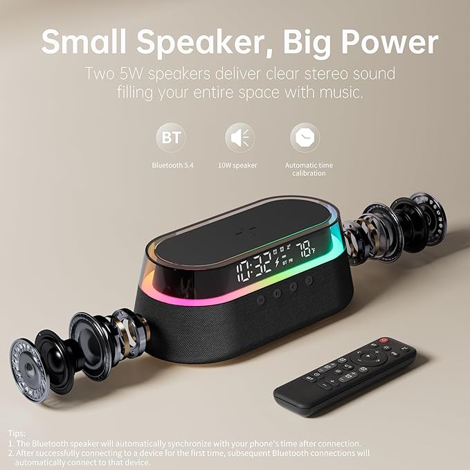 KUANGXIANG 6-in-1 Bluetooth Speaker Alarm Clock with Remote, 15W Fast Wireless Charger Portable Speaker, FM Radio & Dimmable LED Night Light, Snooze 12 24H Dual Digital Clock for Bedroom Home Office