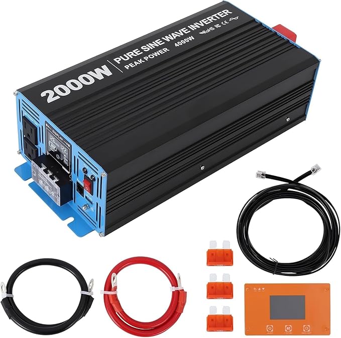 2000W Pure Sine Wave Inverter, 1 USB Port 5v/2.1a,LCD Display&Remote Controller for Home, RV, Truck