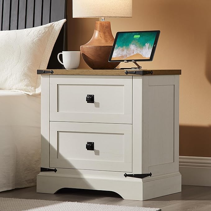 T4TREAM 24" Farmhouse Nightstand with Charging Station, Large End Table with 2 Storage Drawers, Rustic Wood Sofa Bedside Table for Bedroom, Antique White