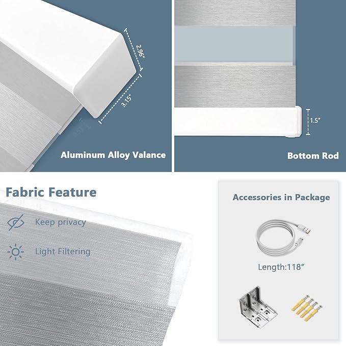 COOLWINDS Motorized Zebra Blinds for Windows Cordless Electric Curtains with Remote Control Blackout Shades Custom Smart Blinds Compatible with Alexa Google Home(Light Filtering Grey,W55 X 72in)