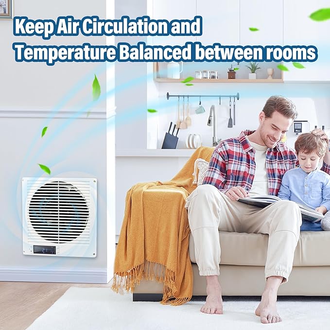 Feeligivin 20W 8” Room to Room Fan 10-Speed RC Two-Way Reversible Airflow Through Wall with Temperature and Timer Setting In-Wall Vent Fan