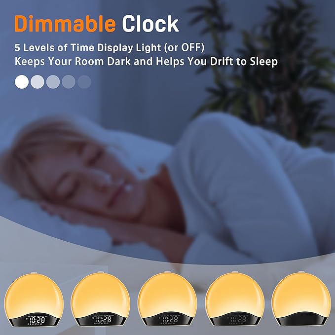 Wake Up Light Sunrise Alarm Clock for Kids, Heavy Sleepers, Bedroom, White Noise Sound Machine with 5W Stereo Bluetooth Speaker, 25 Natural Sounds, Dual Alarms, 17 Color Night Lights, Ideal for Gift