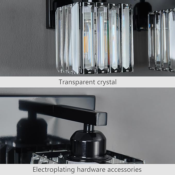 FDPBY Modern Bathroom Vanity Light 2-Lights Plating Black Crystal Bathroom Wall Light Vanity Light Fixtures