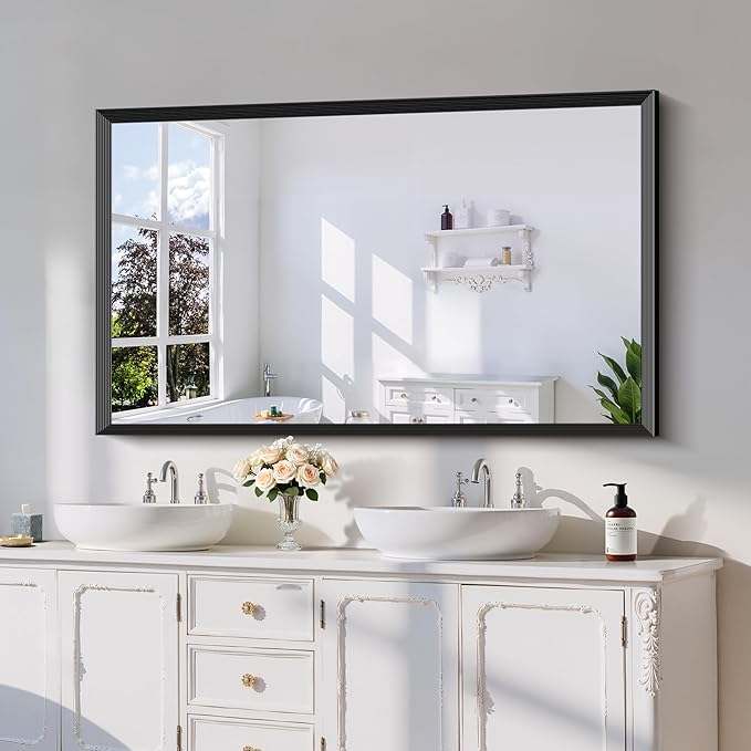 Black Bathroom Mirror 30 x 50 Inch Rectangle Wave Beveled for Wall Bathroom Vanity Mirror for Over Sink, Tempered Glass,for Entryway Hangs, Bathroom Living Room Horizontal or Vertical