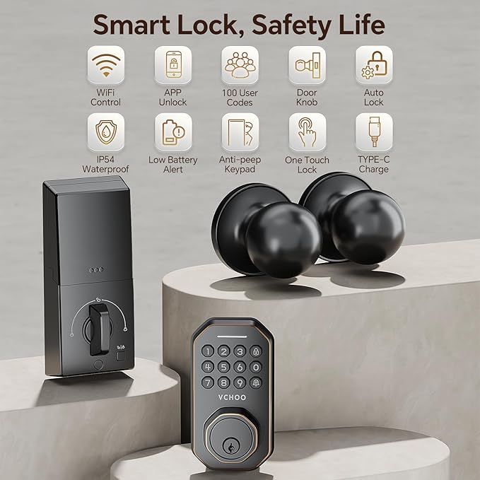 VCHOO Keyless Entry Door Lock Set WiFi Smart App Control Door Lock for Front Door Keypad Deadbolt with 2 Knobs Auto Lock One Time Codes Easy Install, Bronze