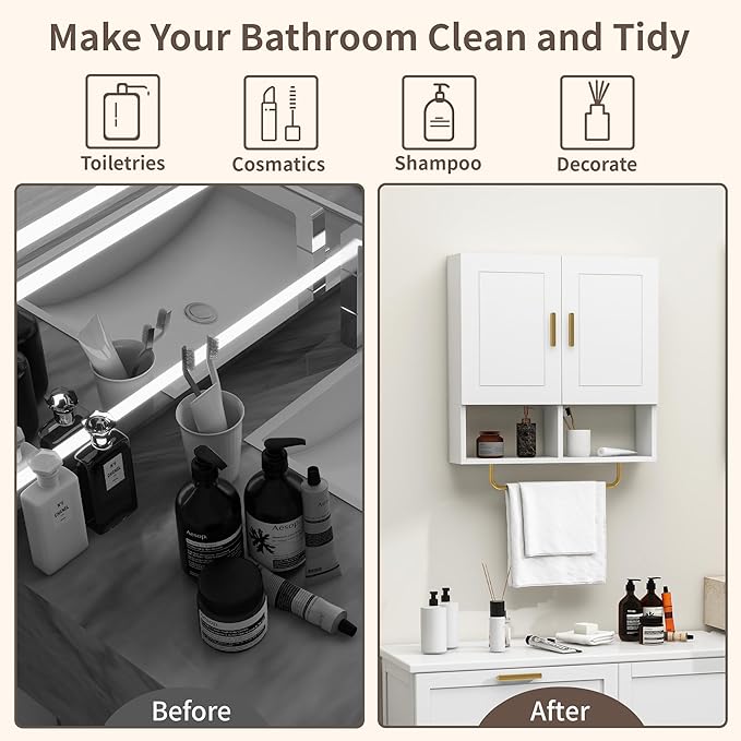 Wall Mounted Bathroom Storage Cabinet Medicine Cabinet with Adjustable Shelves & Towel Bar for Bathroom, Laundry Room, Bedroom, Enterway