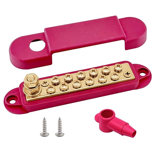 1/4" Stud Power Distribution Block Bus Bar with 12 x #8 Screws, Ampper 5.3" 12V 150A Marine BusBar Brass Battery Distribution Block W/Cover for Car Boat Solar (Red)