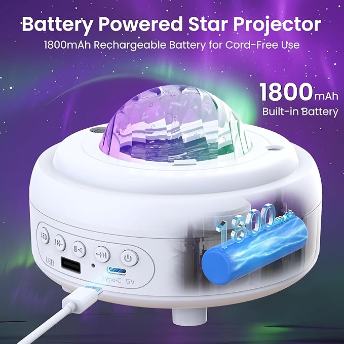 HUMIIEYE Star Projector with Bluetooth Speaker, 1800mAh Battery Operated Night Light Galaxy Projector, Northern Lights Aurora Projector with Moon, Mood Ambient Lighting for Bedroom Kids Girls Adults
