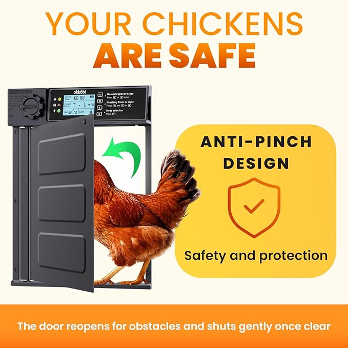 Okköbi Automatic Chicken Coop Door PRO - Light Sensor & Timer - Anti-Pinch Function - Wide Opening - New Model - Solar Powered with LCD Display - 5 Year Protection
