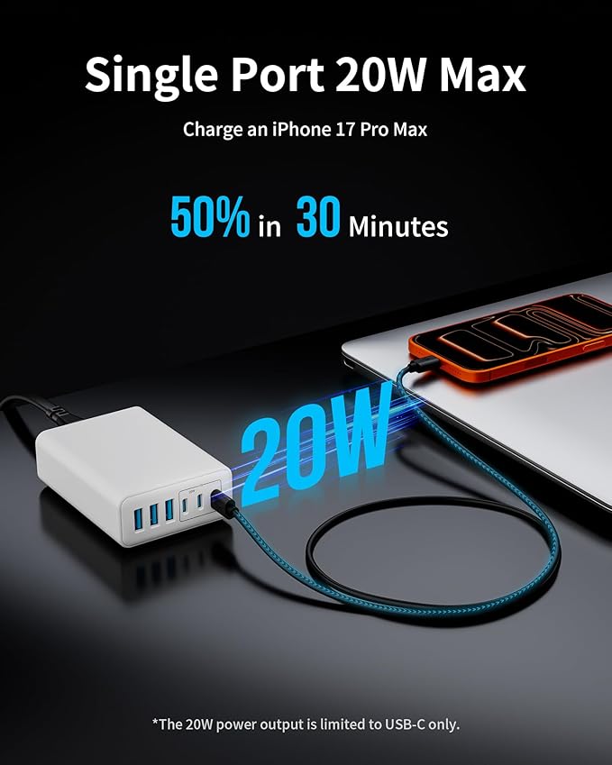 USB C Fast Charger, 105W GaN 6-Port Desktop USB Charging Station Hub, USB C Charger Block Wall Charger for iPhone 17/16/15/14/13/12/11, iPad, Samsung and More (Cable Organizer Included)