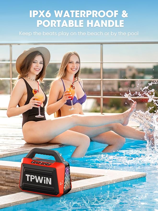 TPWIN Portable Bluetooth Speakers - Wireless Speaker 80W Peak, Loud Speaker with Light, Strong Bass, BT 5.3, TWS, IPX6 Waterproof, 20H Playtime for Home Party Outdoor Beach Camping - Red