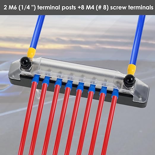2Set 12V Bus Bar Stainless Steel Power Distribution Block Space Saving Marine Buss Bar High Security for Boat 2 x 1/4" Posts, 8 x M4 (#8) Screws Terminals (Black+Red)