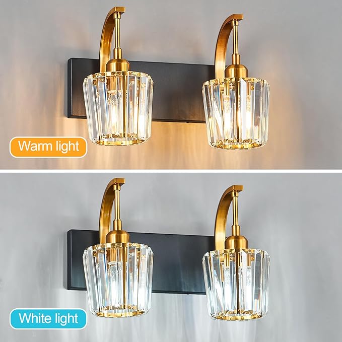 FDPBY Modern Bathroom Vanity Light, 2-Light Black Gold Wall Sconce with Crystal Accents, Over Mirror Bathroom Lighting Fixture, 13.77" Long Dimmable Vanity Lamp for Makeup, Easy Installation