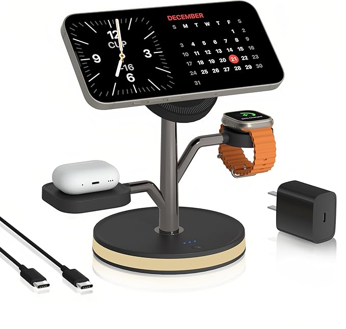 3 in 1 Charging Station for Apple Devices, Fast Charging Magsafe Charger Stand with LED Light and 20W PD Adapter, Wireless Nightstand Charger for iPhone17/16/15/14/13/12 Series,AirPods,iWatch and More