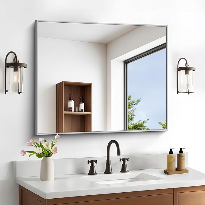 30" x 30"Bathroom Mirror, Silver Rectangle Corner Wall Mirror with Metal Frame, Decorative Rectangular Vanity Mirror for Bedroom Bathroom Living Room Entryway (Horizontal/Vertical)