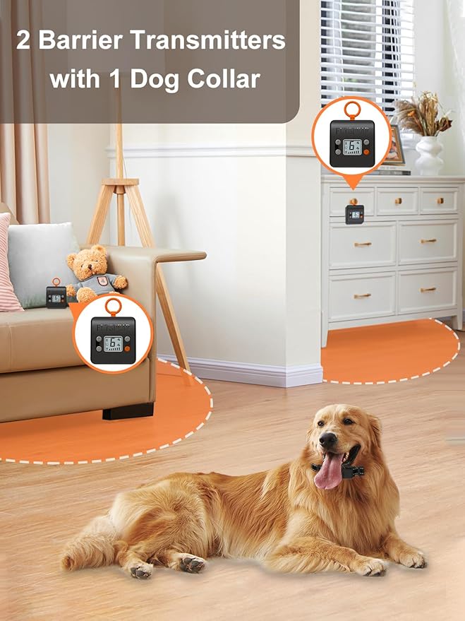 Wireless Pet Barrier with 2 Transmitters - Rechargeable Indoor Barrier with 6 Adjustable Range Radius up to 7 ft, 6 Adjustable Safe Static Intensity, Electric Fence System for Dogs with Hook-Black