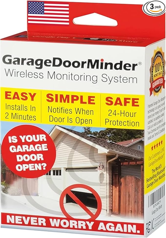Garage Door Minder® Version II. 100% Wireless. Installs in Two Minutes! No Wi-Fi. in-Home Monitor & Alert System. Great for Seniors!