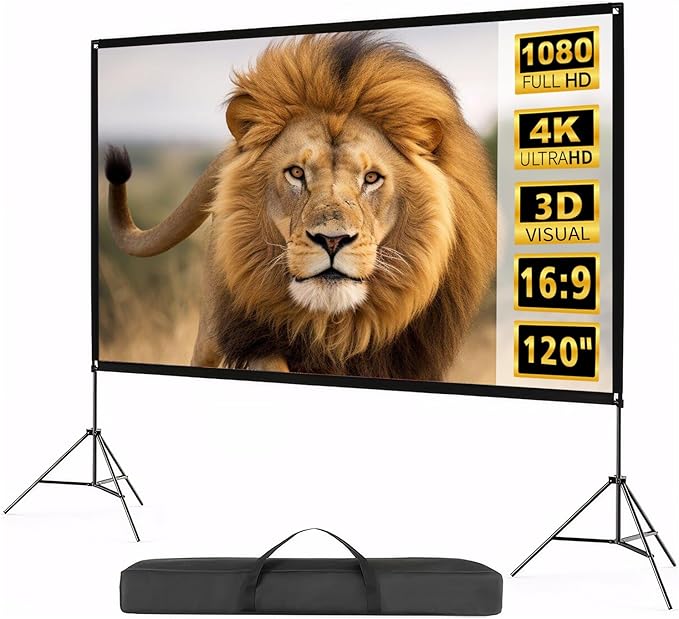 Portable Indoor Outdoor Projector Screen with Stand 120 inch Movie Screen 16:9 Format 4K HD Wrinkle-Free Foldable Design & Easy to Setup for Indoor Home Movie Theater Projector with Carry Bag