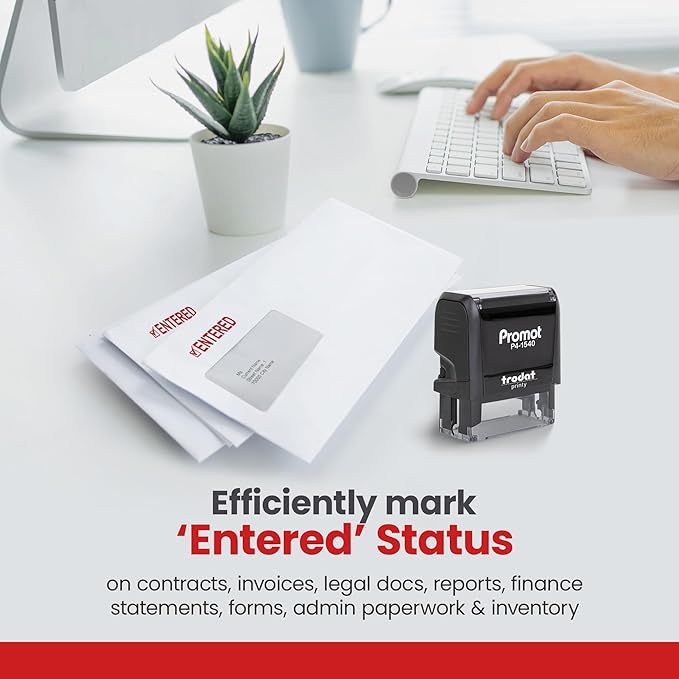 Promot Entered Self Inking Rubber Stamp - Refillable Stampers for Office - Business, Accounting, Bookkeeping, Coding, Legal, Notary, Work, Ordering, Inventory Stamps - Red Ink