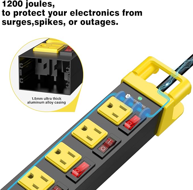 Power Strip with Individual Switches - 8 Outlet Heavy Duty Power Strip with Cord Manager,1200J Surge Protector Home Office Garage Industrial