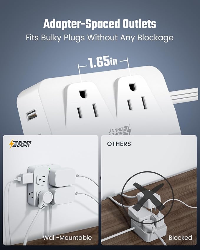 35W Fast Charging SUPERDANNY 4-Outlet 4-USB Power Strip with 20W C Port Fast Charge–6FT Extension Cord, Surge Protector 1080J, Overload Switch, Mountable, for Home, Office, School, Dorm - White