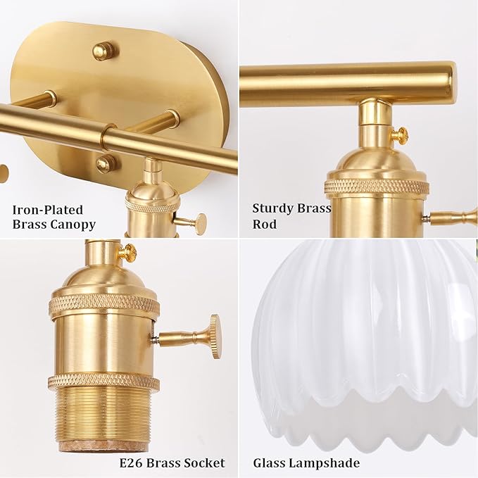 Shenmoyl Bathroom Light Fixtures, 4-Light Brass Vanity Wall Light Over Mirror with White Tulip Glass Shade for Bedroom Living Room (Bulb Not Included)