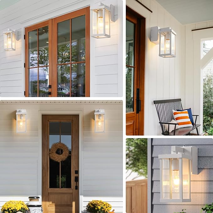 JOKAONOTL Dusk to Dawn Porch Lights with GFCI Outlets Waterproof Outdoor Wall Lights Exterior Lighting Fixtures Modern Outside Lights Wall Mount for House Patio Garage,White,11.8''H,1PC
