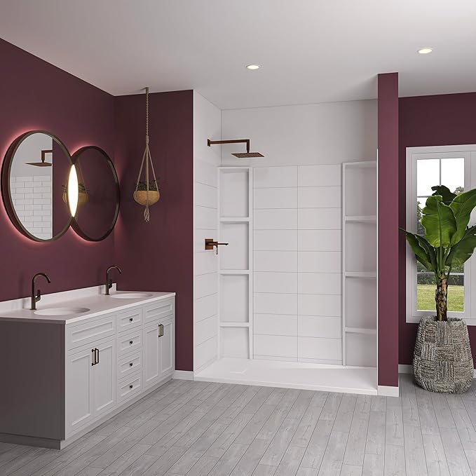 White Acrylic Shower Wall Surround 36"x 60"x 80" - Waterproof, Easy-to-Install, Two Shelf Units Kit Included - Shower Wall Surround Panels - Stacked Tiles Pattern, Classic Shelves