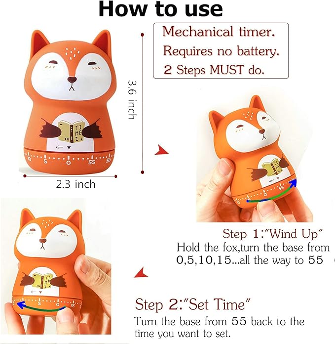 NUOSWEK Mechanical Kitchen Timer - Cute Animal Wind Up 60 Minutes Manual Countdown Timer for Kids, Classroom, Home, Study and Cooking - Grey Raccoon