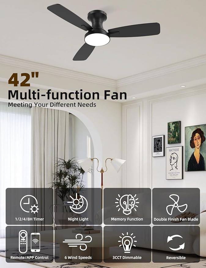 Homlit 42 inch Smart Ceiling Fan with Light, Low Profile Flush Mount with Remote Control, Ultra-Quiet Reversible DC Motor, 3 Color Temperatures & 6 Speed Dimmable Lighting for Bedroom, Black