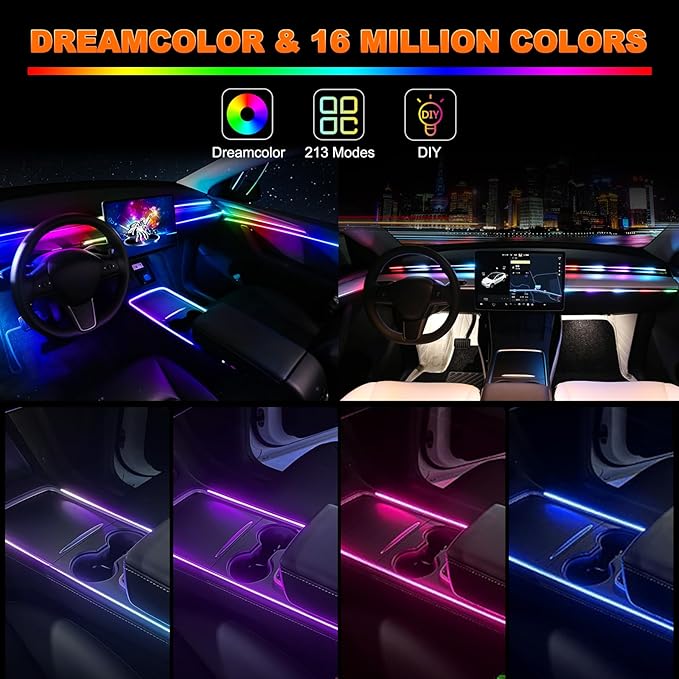 Jushope Interior Car LED Strip Lights, Acrylic LED Lights for Car with Dynamic Dreamcolor Chasing, Ambient Lighting Kits Music Sync Wireless APP and RF Remote Control (8 in 1)