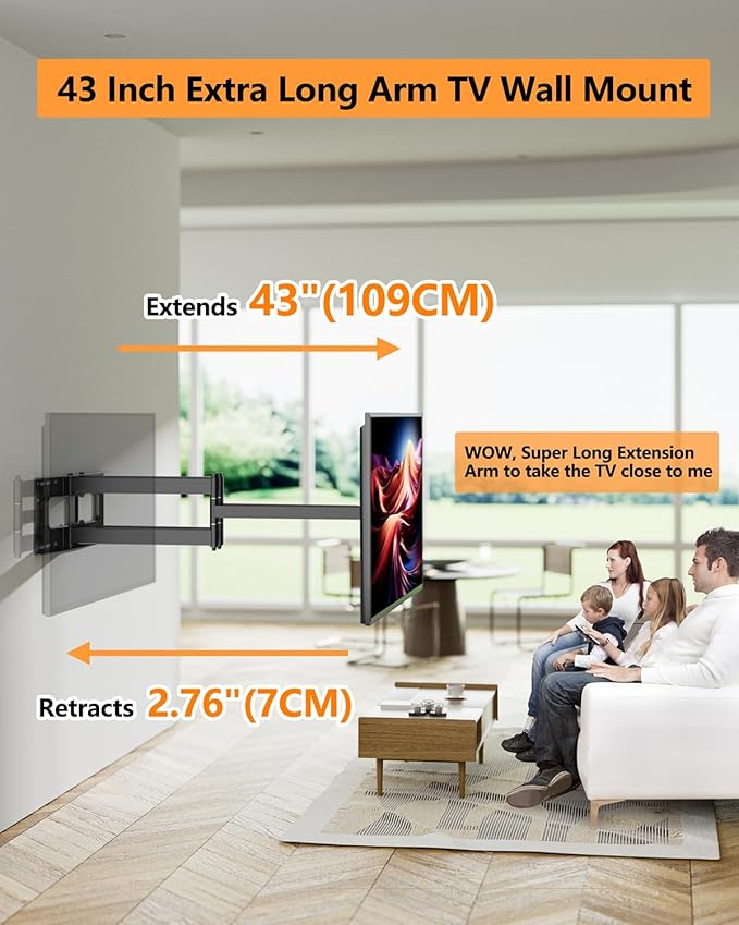 FORGING MOUNT Heavy Duty Long Arm TV Wall Mount with 43" Dual Articulating Arms for Most 50-90 inch Screen, Full Motion TV Mount Swivel Tilt Bracket Holds 198lbs, Fit 16”,18”,24” Studs VESA 600x400MM