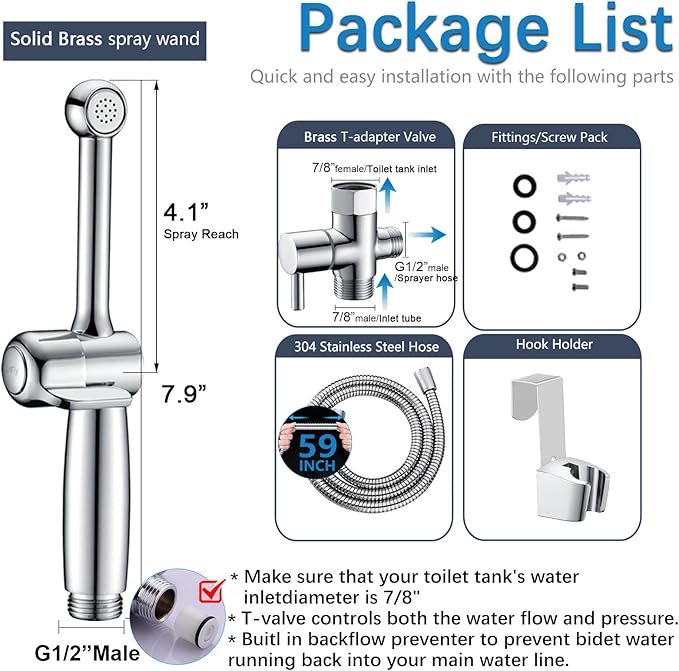 SonTiy Handheld Bidet Sprayer for Toilet, Adjustable Water Pressure Control Cloth Diaper Sprayer with Bidet Hose, Brass Hand Held Bidet Attachment Jet Spray for Toilet with Backflow Preventer, Chrome