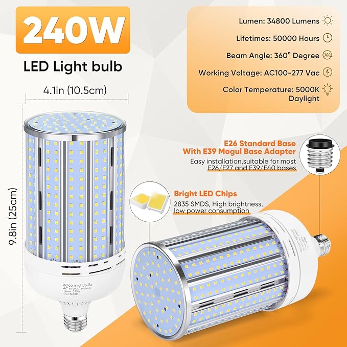 XYCN 2 Pack 240W Corn LED Light Bulb Fanless,5000K Daylight(2400 Watt Equivalent) E26/E39 Large Mogul Base LED Cob Lamp 34,800LM for Outdoor Indoor Garage Warehouse Factory Workshop Street Backyard