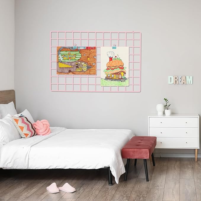 PATIKIL 12"x20" Wire Grid Panel, 2 Pack Board Photo Pictures Memo Display Grid Panels Hanging Organizer Wall Decorative Panel for Home Office Wedding, Pink