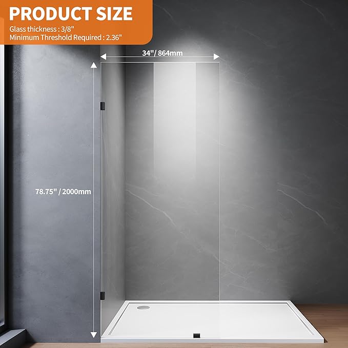 Shower Glass Panel, 34" W x 78.75" H Fixed Shower Screen Panel with 3/8"(10mm) SGCC Ultra Clear Tempered Glass, Frameless Walk in Shower Door with Easy‑Clean Coating (Matte Black, 34" W x 78.75" H)