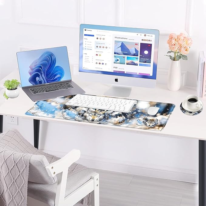 BFUKVOU Large Keyboard Mouse Pad Set, Extended Mouse Pad+Keyboard Wrist Rest Support, Memory Foam Ergonomic Easy Typing, 4Pcs (31.5×11.8 in) Desk Pad Set for Office Home,Snowy Wolf