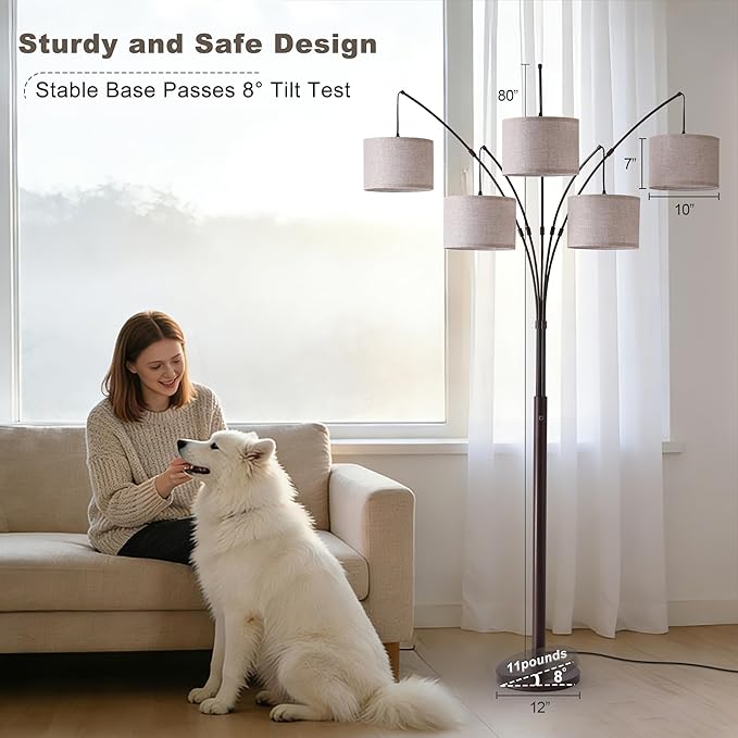 Fansdrick Dimmable Floor Lamp - Arc Floor Lamps for Living Room, 4000LM Super Bright Modern Tall Standing Lamp with Black Shades & Heavy Base, Mid Century Tree Floor Lamp for Bedroom Office