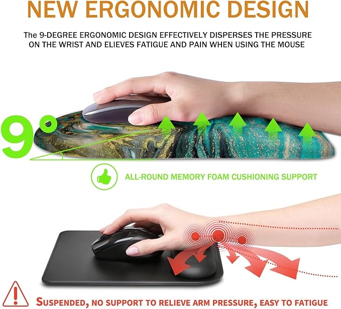 BOCHEERY Ergonomic Mouse Pad Wrist Support,Upgrade Mousepad with Massage Design,Non-Slip PU Base Desktop Mouse Pads for Pain Relief, Computer, Office & Home,12 x 8 in（F-Golden Green Marble）