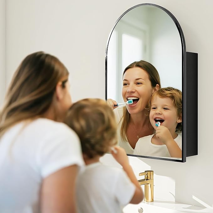 Bathroom Mirror with Storage,Arched Medicine Cabinet with Mirror,Medicine Cabinet Wall Mount,Black Bathroom Vanity Mirror with Storage,Adjustable Shelves,20x30 Inch