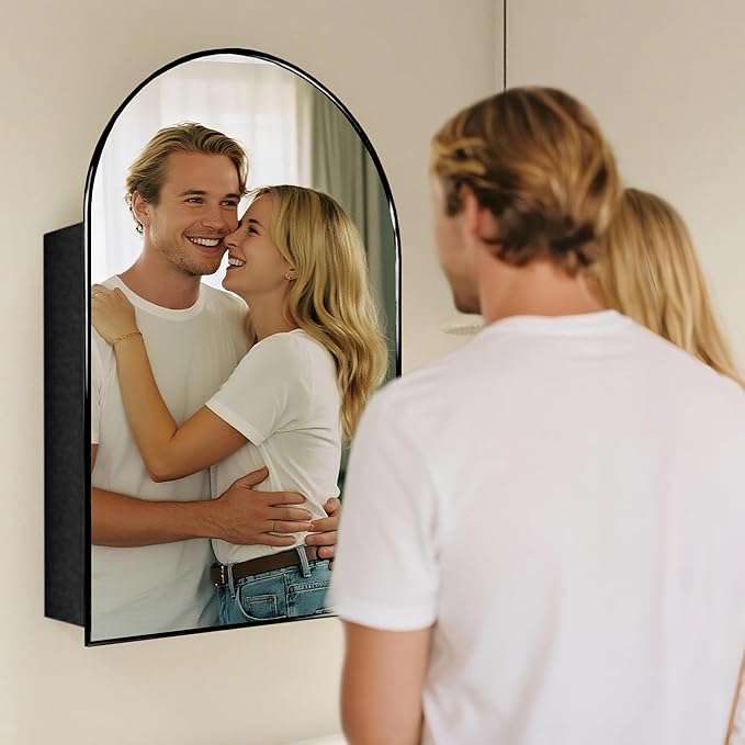 Bathroom Mirror with Storage,Arched Medicine Cabinet with Mirror,Medicine Cabinet Wall Mount,Black Bathroom Vanity Mirror with Storage,Adjustable Shelves,20x30 Inch