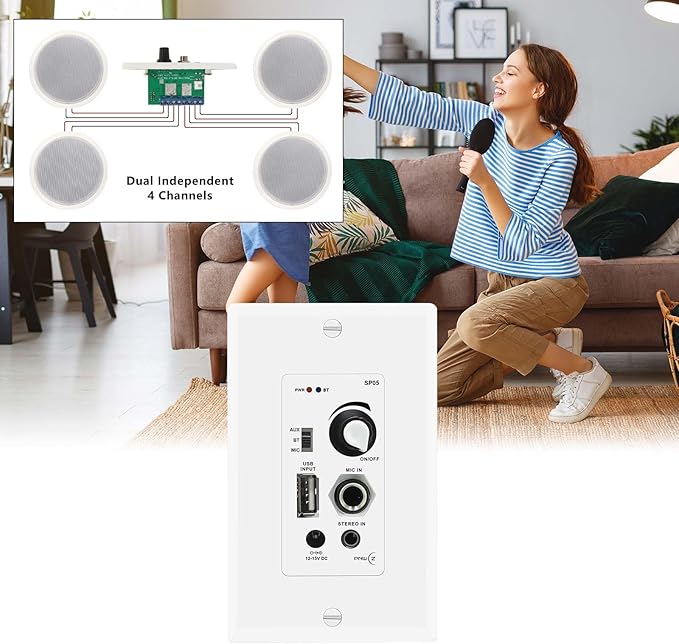 PNWCZ Wall Amplifier Compatible with Bluetooth 4 Channels Volume Control Wall Plate with USB/MIC/AUX(3.5mm) Inputs Terminal Block Connect 4 Speakers