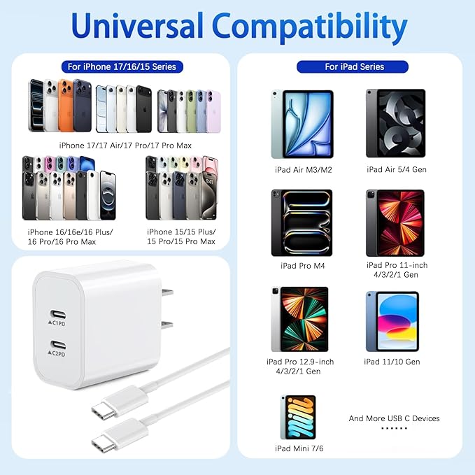 iPhone 17 Charger,2Pack Dual USB C Port Fast Wall Chargers Block with 3FT USB C to C Charger Fast Charging Cable Cord for iPhone 17/17 Pro Max/17 Pro/16 Pro Max/16 Plus/16E/15 Pro/15/iPad Pro/Air/Mini