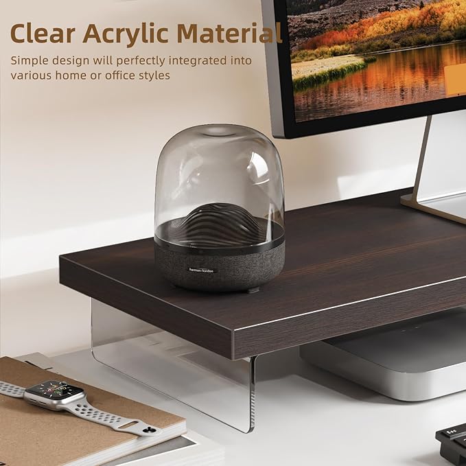 SSWOOD Monitor Stand Riser, Wood & Acrylic Computer Monitor Stand Desk Desktop Organizer Table For Home, Office Workspace, Laptop Riser, Printer, PC & TV Screen Riser