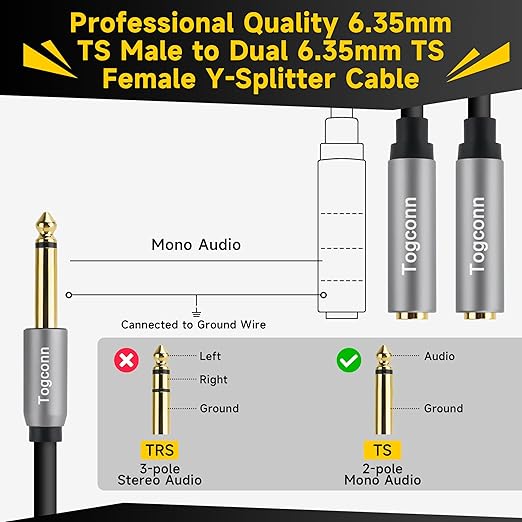 Togconn 2-Pack 1/4 inch TS Mono Splitter Y Adapter, 6.35mm Mono Male to Dual 6.35 mm TS Mono Female Jack, Quarter inch Audio Speaker Splitter Converter Cable 1 Feet, Gold Plated Connectors