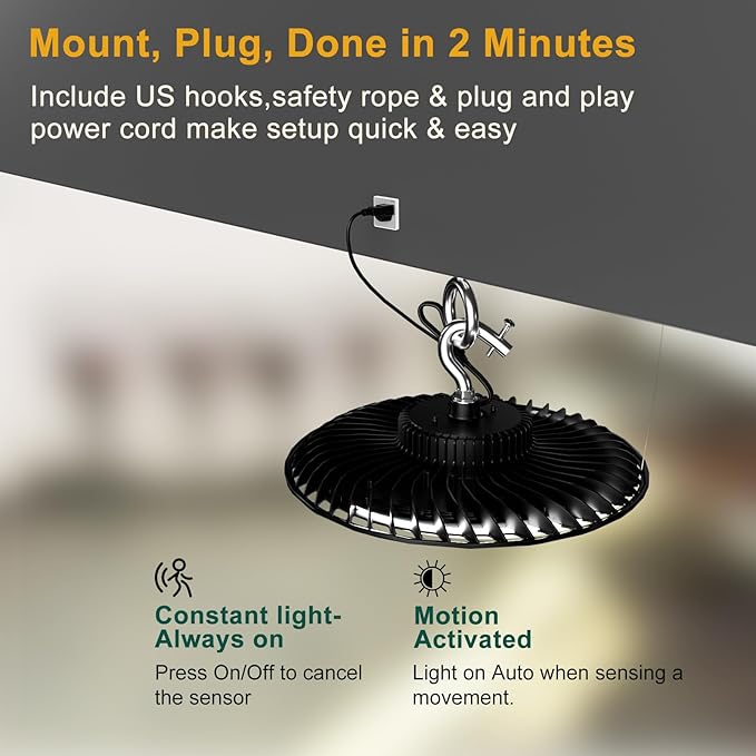 ACOHOOK Smart 250W LED High Bay Light 37500lm Commercial Bay Lights with Remote Control(Supports Normal Mode & Motion Sensor Mode) AC100-277V ETL UFO Light-6Pack