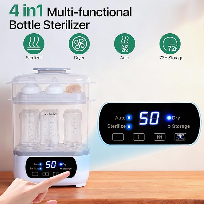 Freebaby Baby Bottle Steamer and Dryer,All-in-One Sterilizer and Dryer for All Baby Bottle,Bottle Sanitizer for Pacifiers&Breast Pump Parts, with LED Screen and Auto-Off