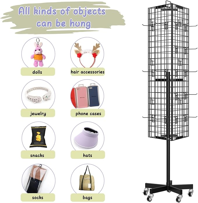 Grid Wall Panels Display Stand - 16”*63.3” Triangular Display Racks with 30 Hooks for Vendor Events , 360° Rotating Art Display Panels Heavy Duty Floor Standing Movable Retail Display Organization