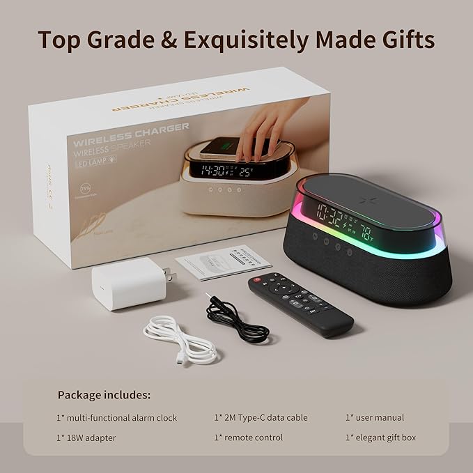 KUANGXIANG 6-in-1 Bluetooth Speaker Alarm Clock with Remote, 15W Fast Wireless Charger Portable Speaker, FM Radio & Dimmable LED Night Light, Snooze 12 24H Dual Digital Clock for Bedroom Home Office