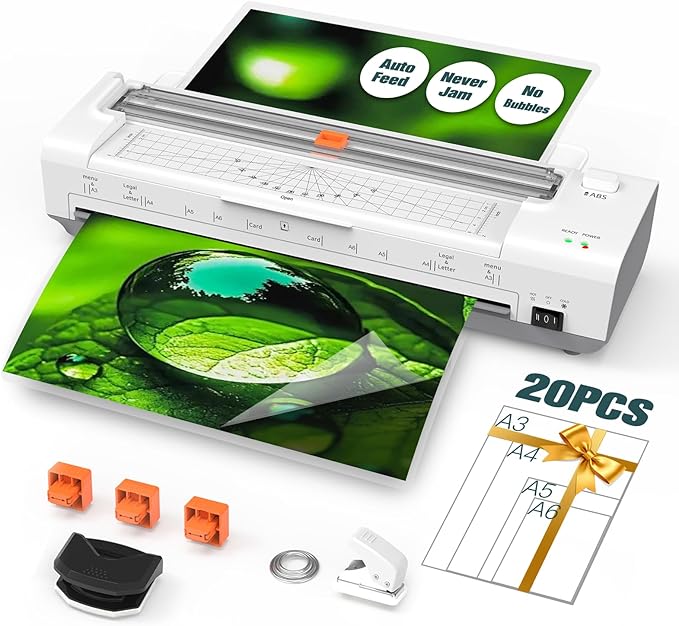 Laminator Machine 13 Inch Lamination Machine with Auto Paper Feed, Never Jam A3 Thermal Lamination, 20 Laminating Sheets 10-in-1 Laminator with Cutter, Trimmer & Corner Rounder for Office School Home